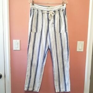 ANTHROPOLOGIE Seashore Stripe Linen White Blue Wide Leg Pants Size 8